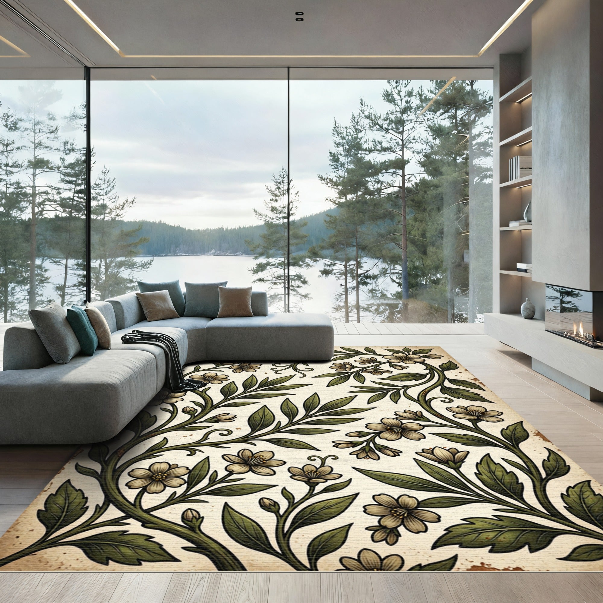 Vintage Botanical Olive Sage Floral Vine Rug
