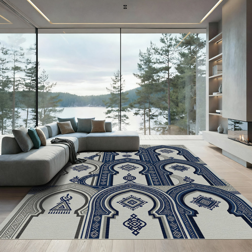 Navy Blue Arch Geometric Medallion Rug
