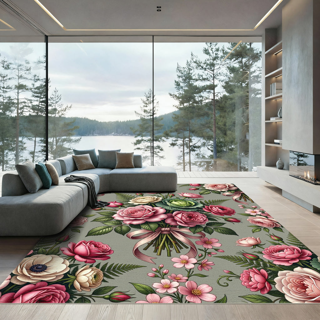 Romantic Pink Rose Bouquet Botanical Art Rug