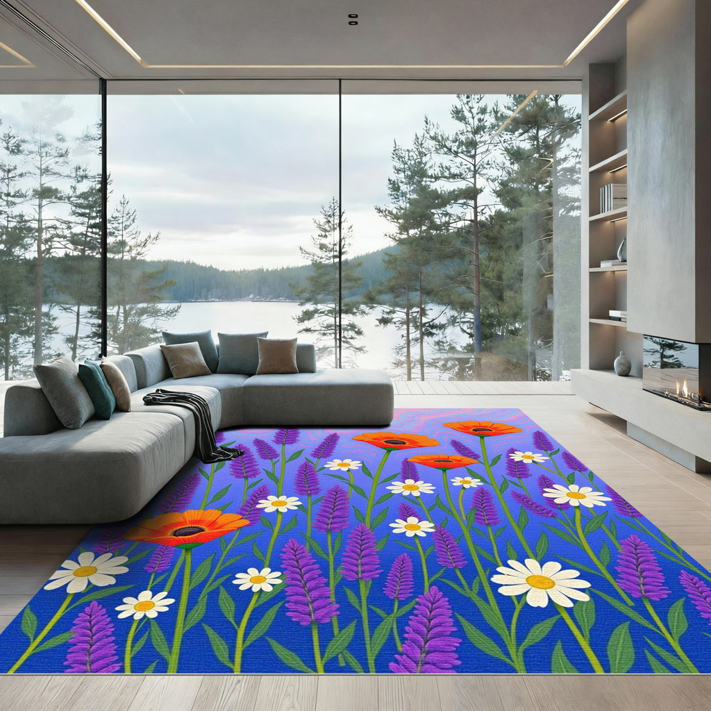 Vibrant Orange Poppy Lavender Field Rug