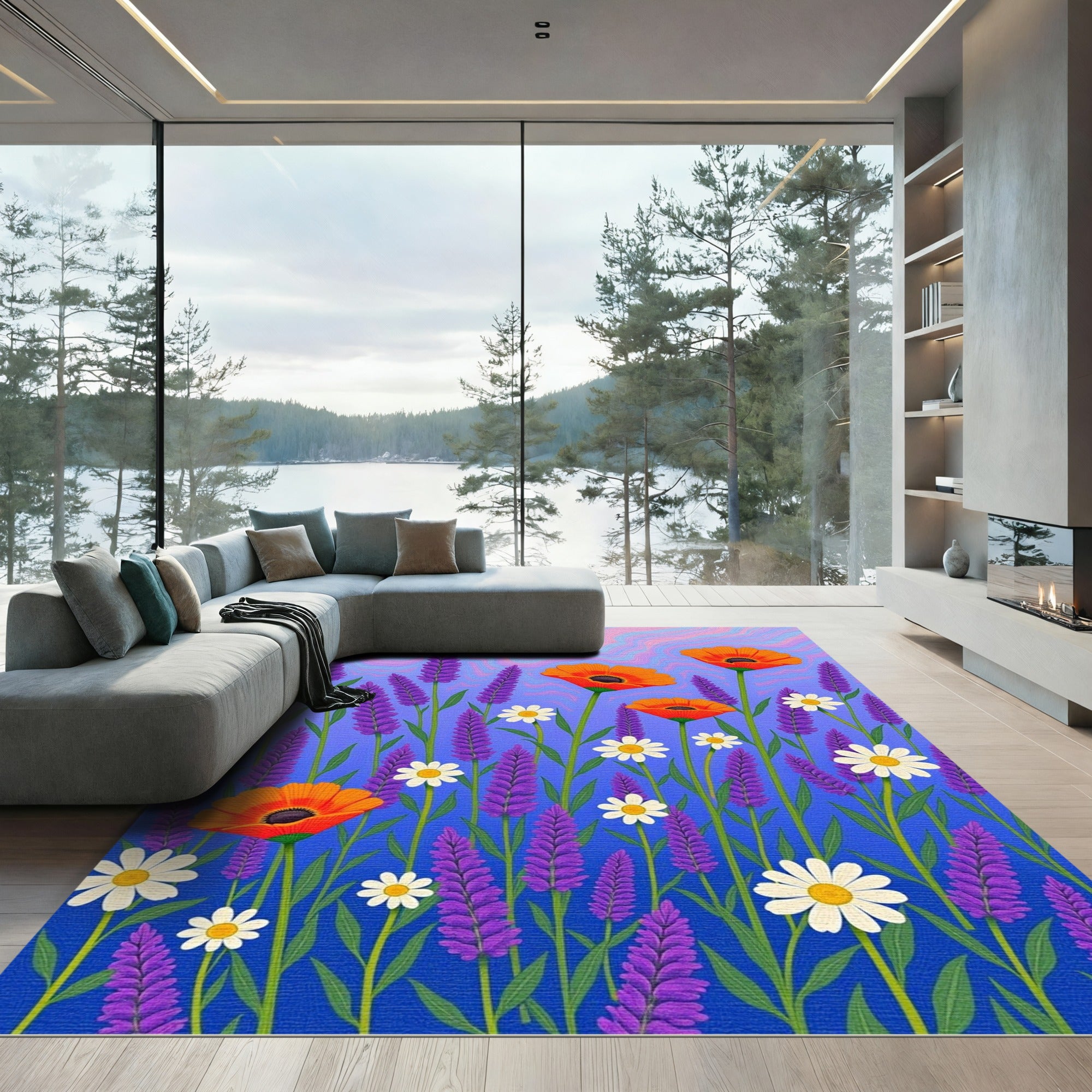 Vibrant Orange Poppy Lavender Field Rug