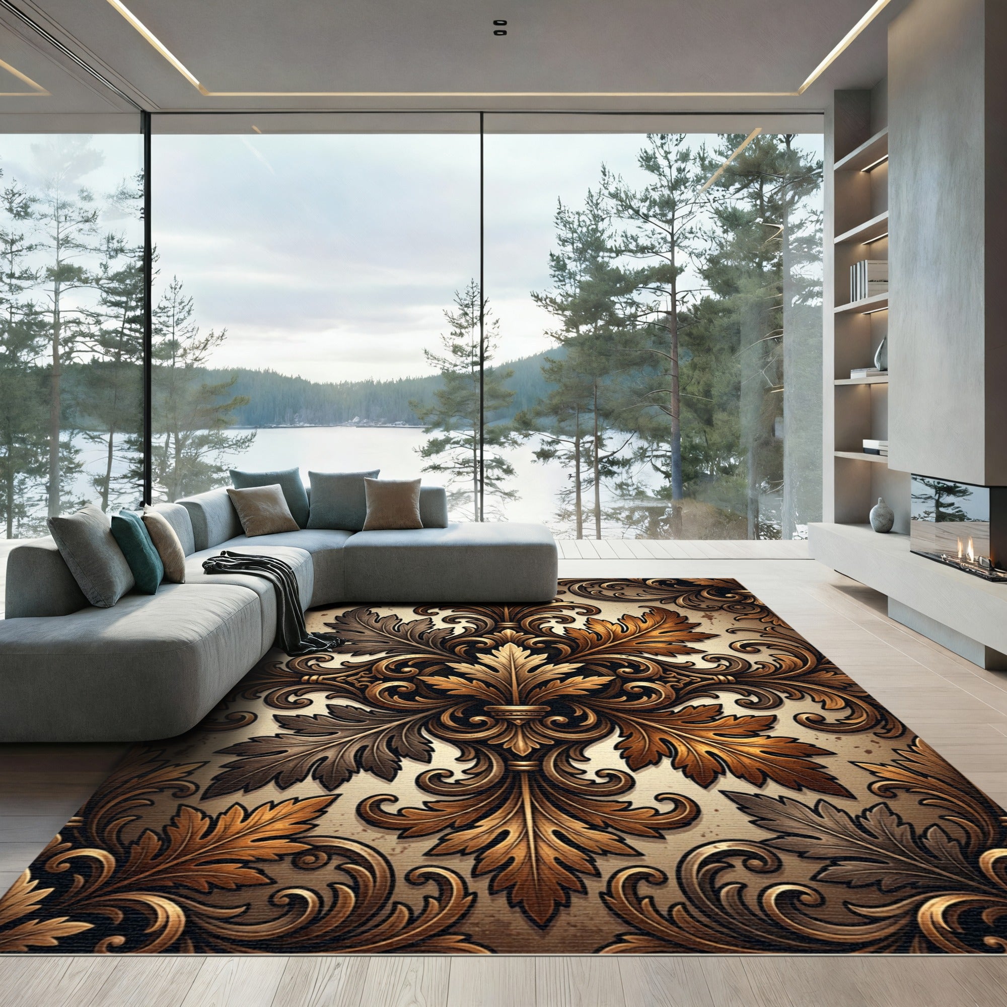 Golden Ornate Acanthus Damask Scroll Rug