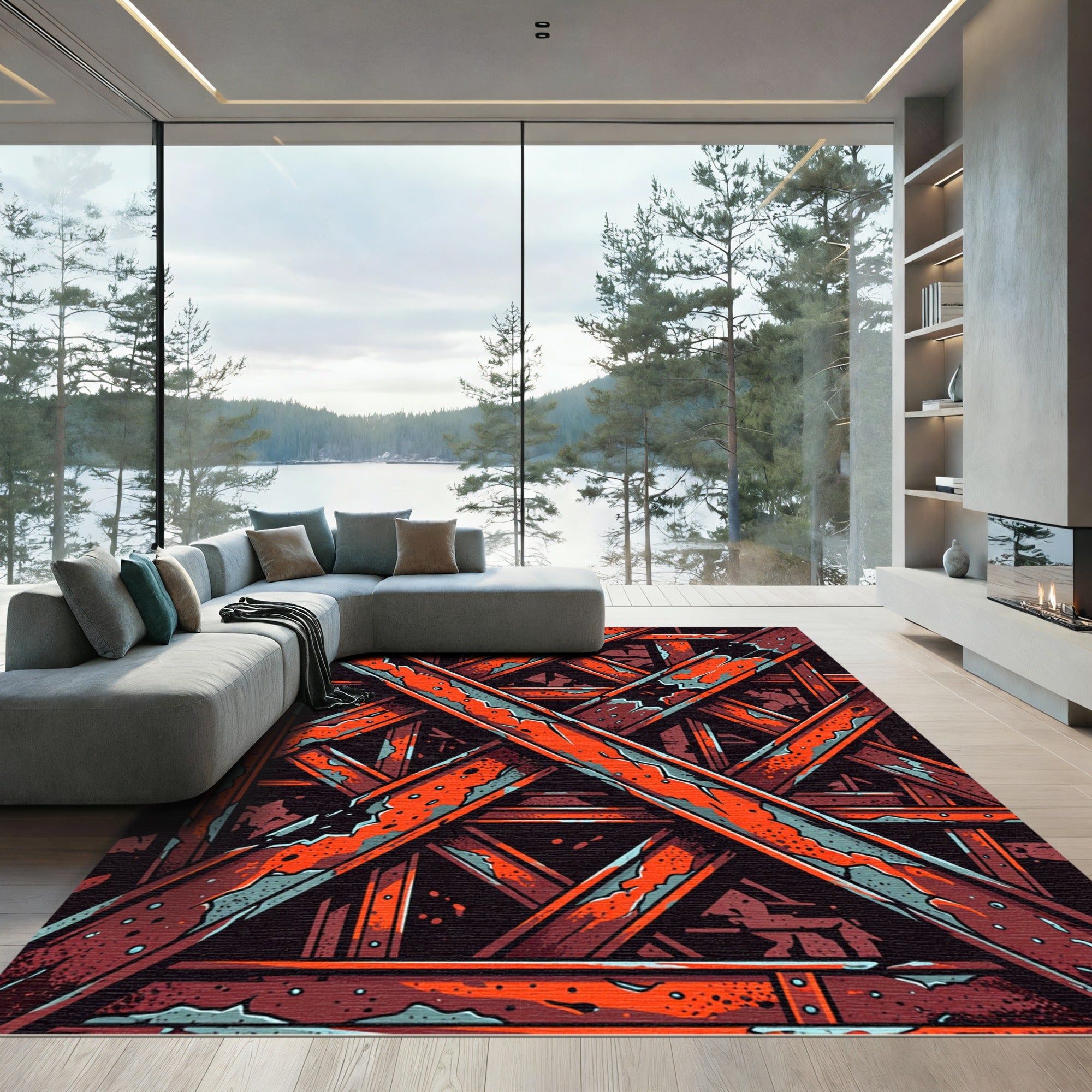 Bold Orange Textured Overlay Geometric Rug