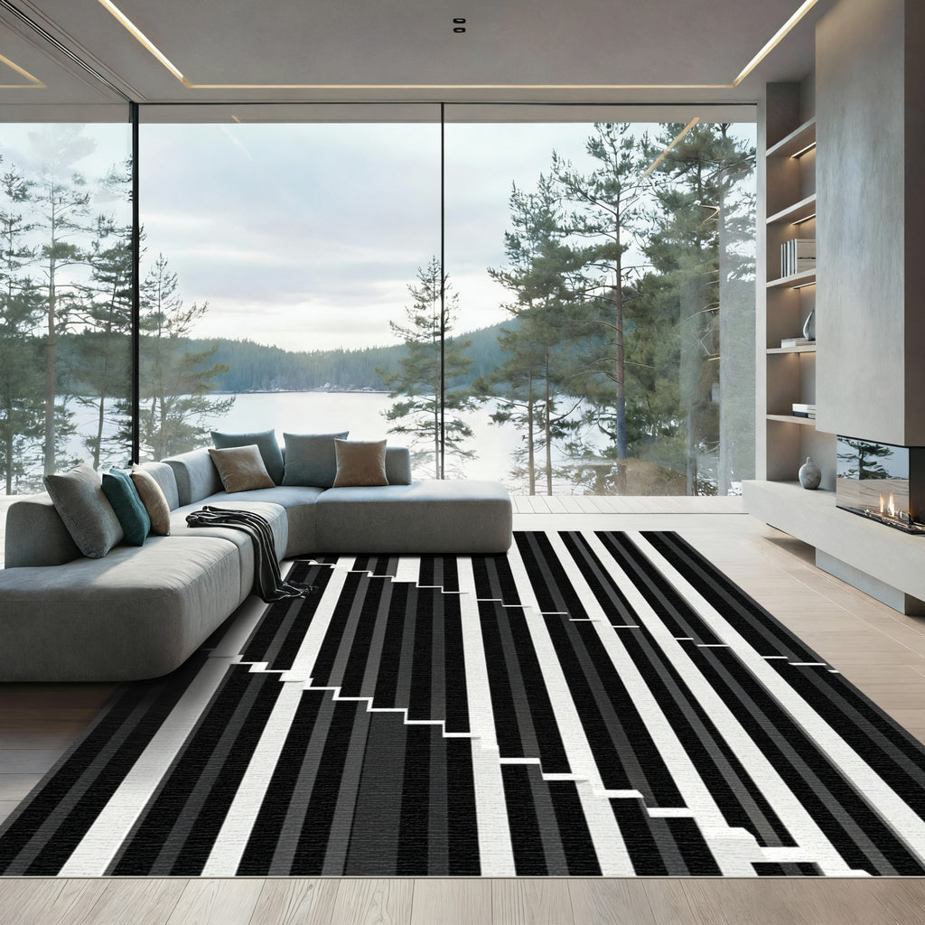 Modern Black White Staircase Stripes Rug