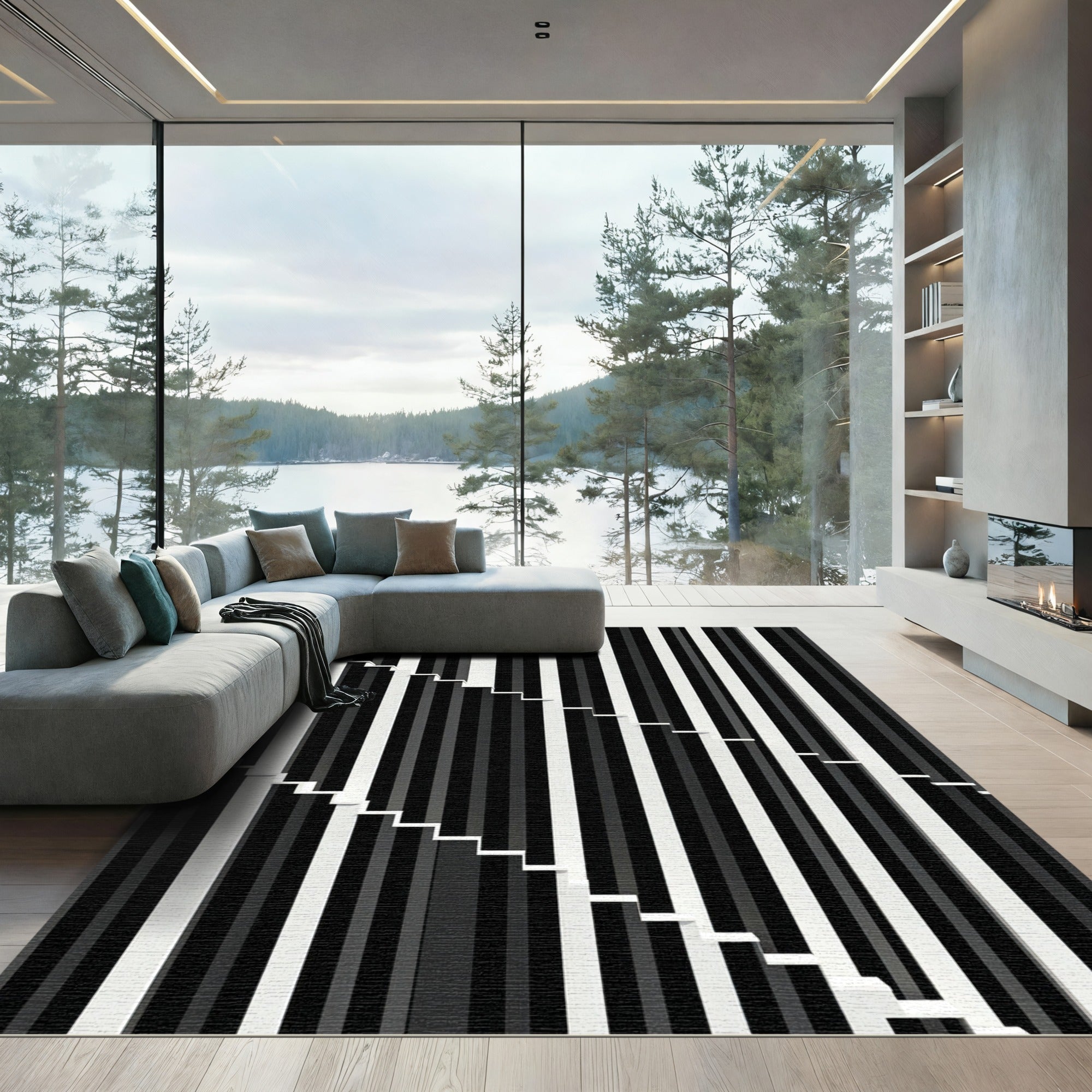 Modern Black White Staircase Stripes Rug