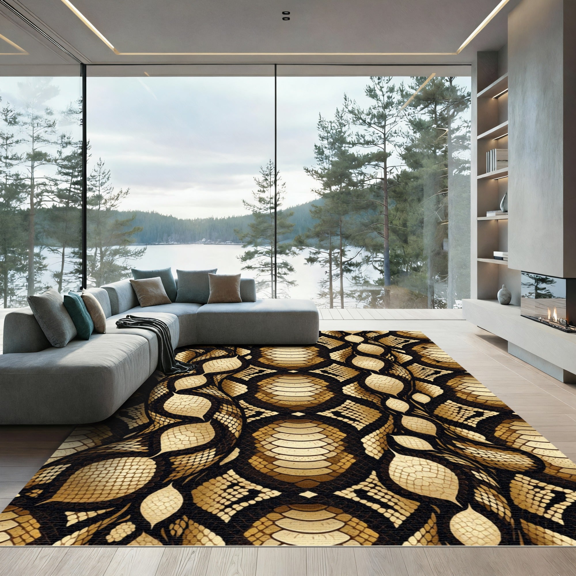 Luxurious Golden Serpent Scale Texture Rug