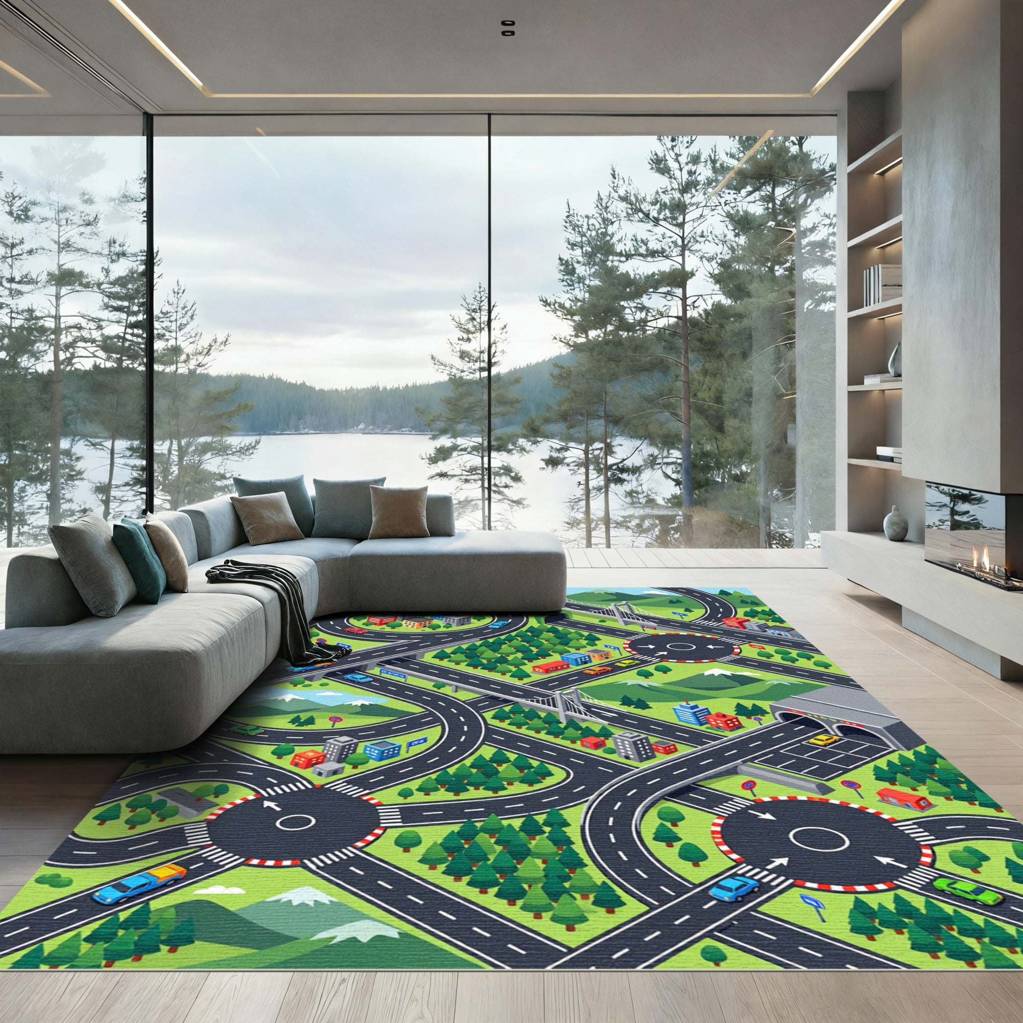 Vibrant Isometric Cityscapes Road Adventure Map Rug