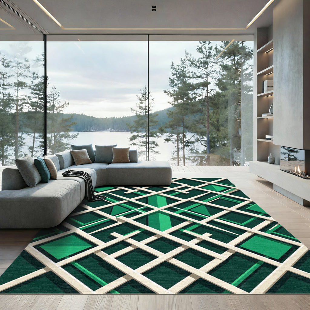 Modern Emerald Geometric Lattice Grid Rug