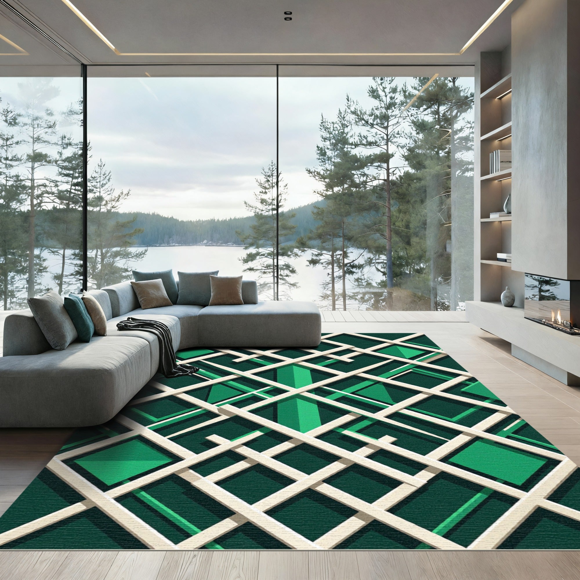 Modern Emerald Geometric Lattice Grid Rug