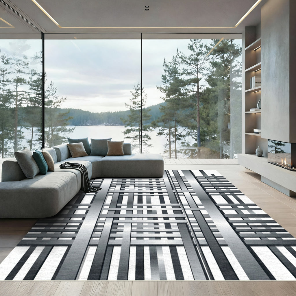 Metallic Silver Geometric Interwoven Grid Rug