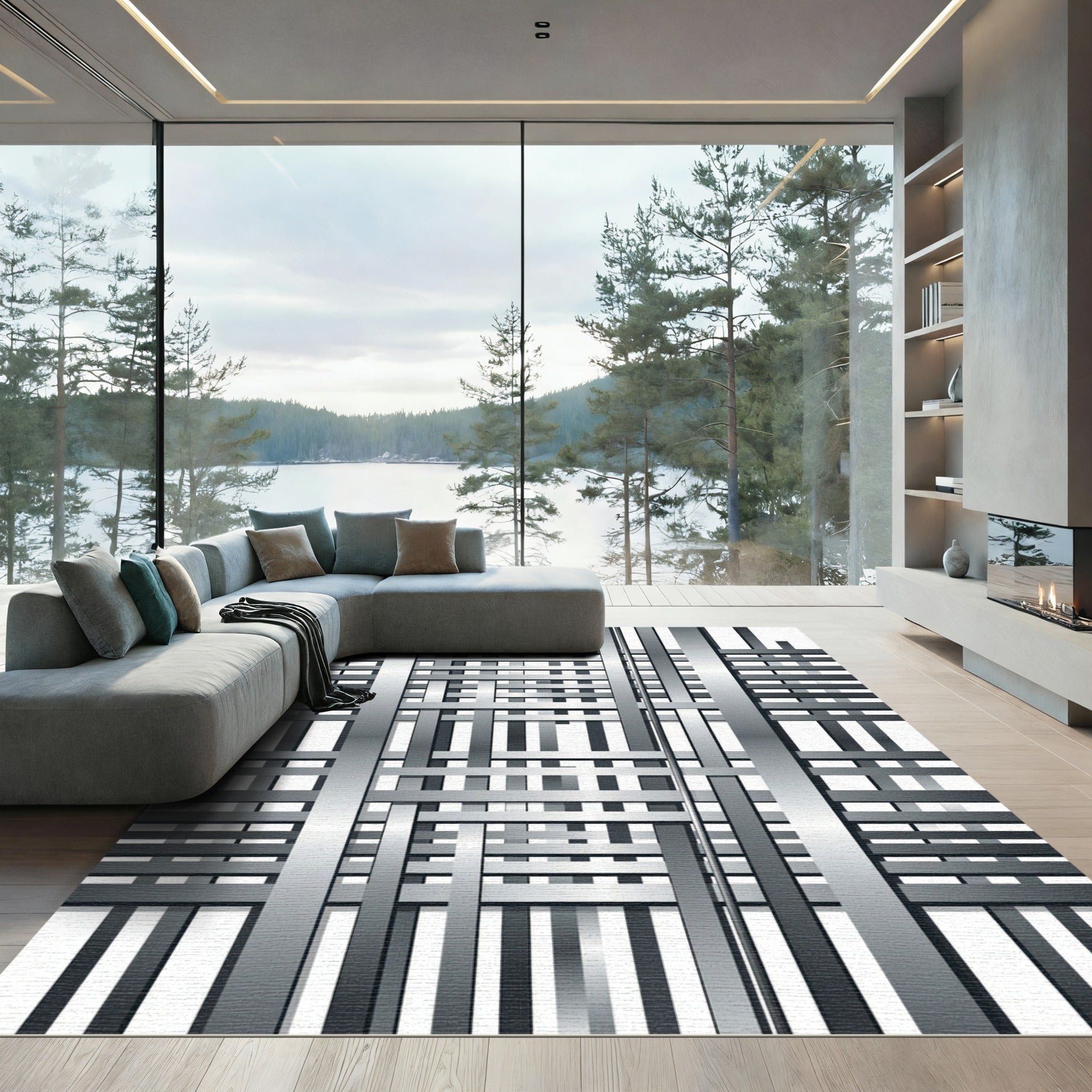 Metallic Silver Geometric Interwoven Grid Rug