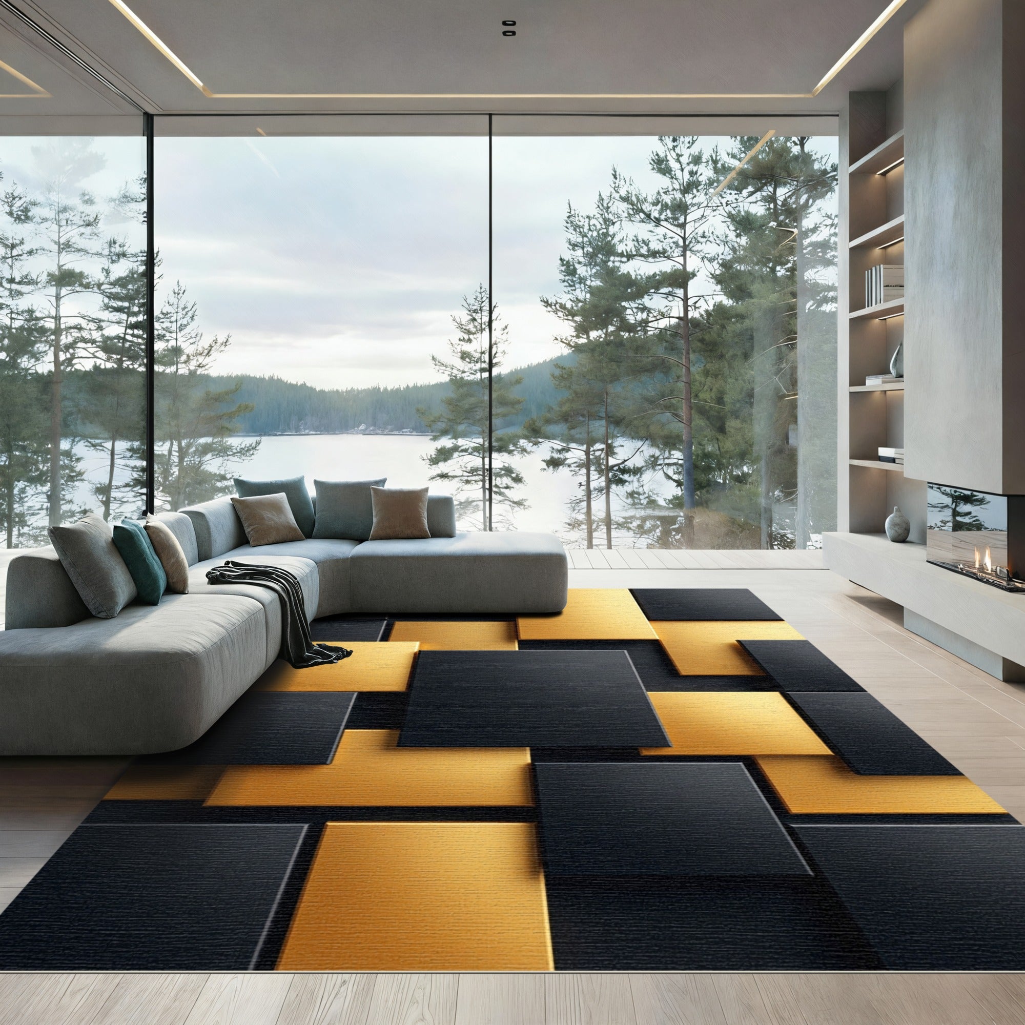 Gold Black Layered Geometric Squares Rug