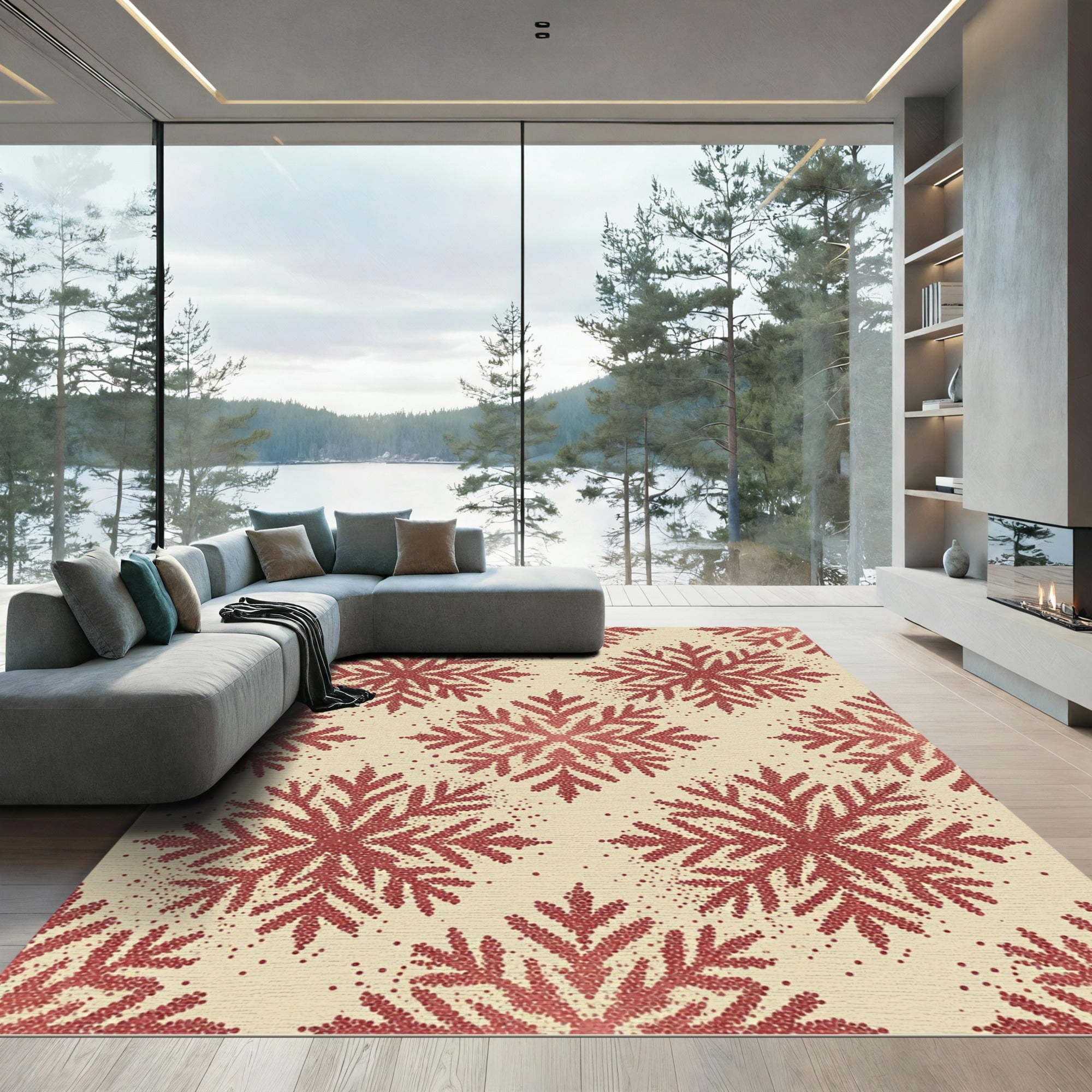 Crimson Stippled Snowflake Winter Area Rug