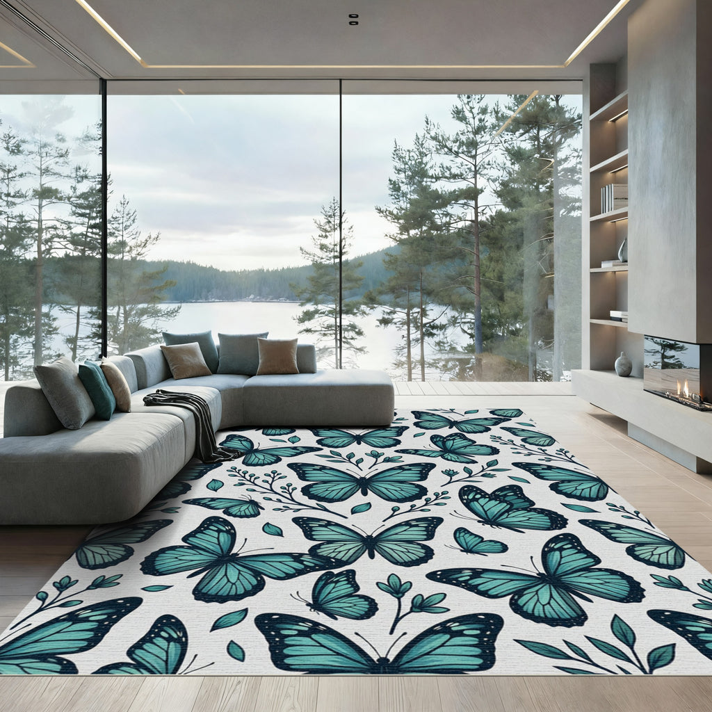 Whimsical Teal Butterfly Botanical Garden Rug