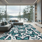 Whimsical Teal Butterfly Botanical Garden Rug