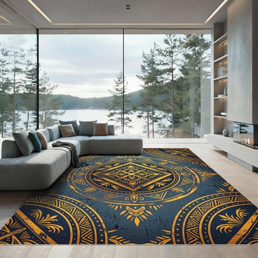 Ornate Golden Mandala Blue Textile Rug
