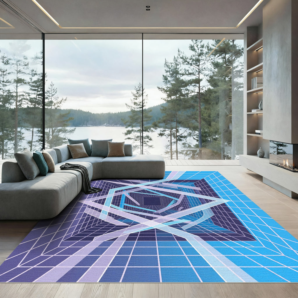 Geometric Blue Grid Infinite Tunnel Rug