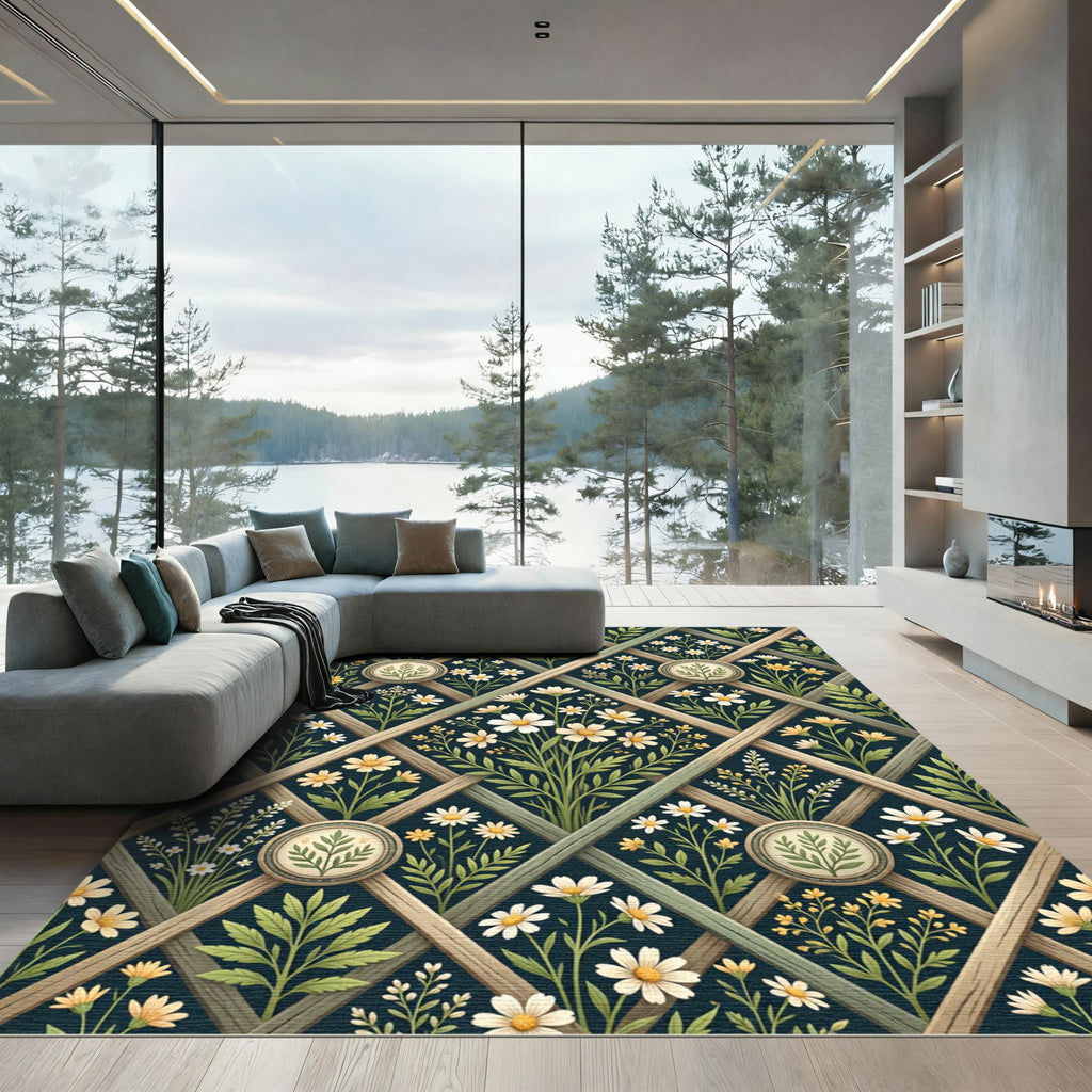 Dark Botanical Chamomile Trellis Lattice Rug