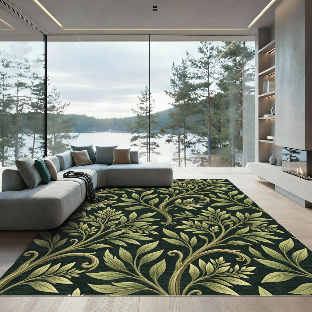 Elegant Sage Leaf Botanical Swirl Rug