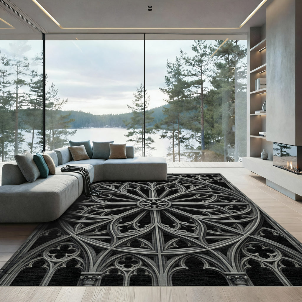 Gothic Monochrome Architectural Rose Window Rug