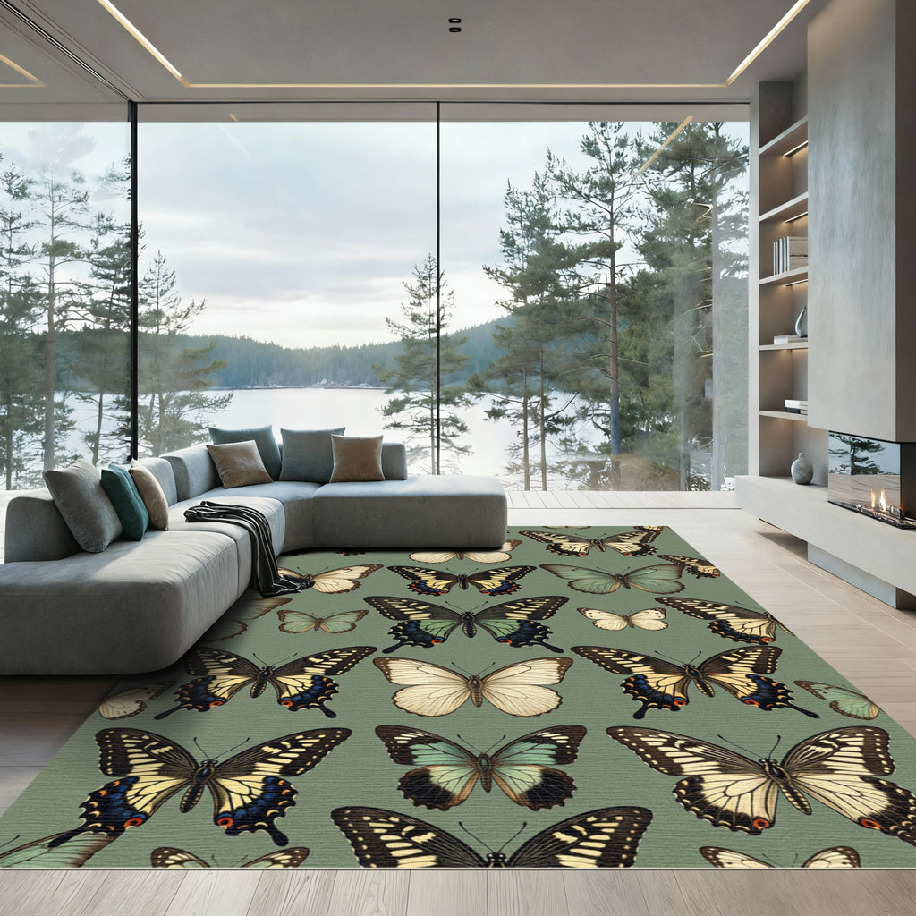 Sage Green Whimsical Butterfly Garden Rug