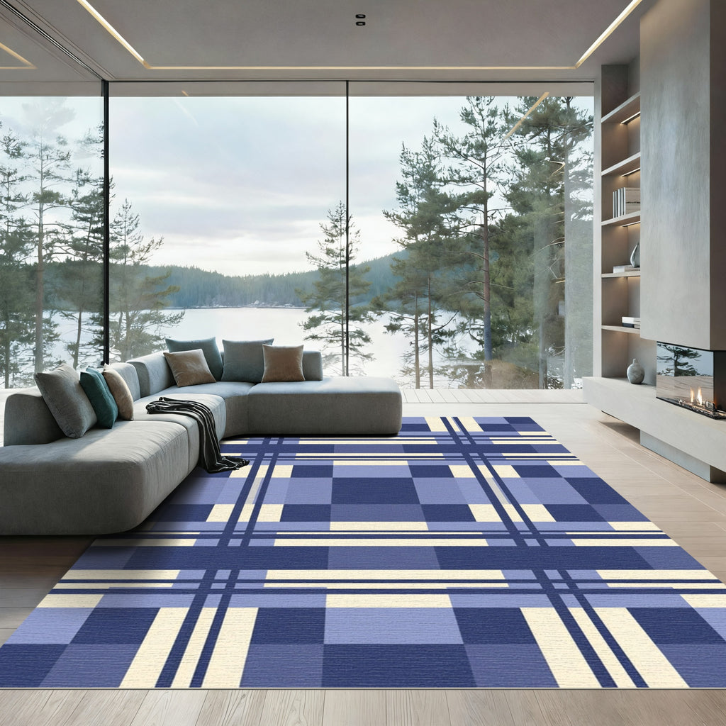 Modern Navy and Cream Plaid Geometric Rug