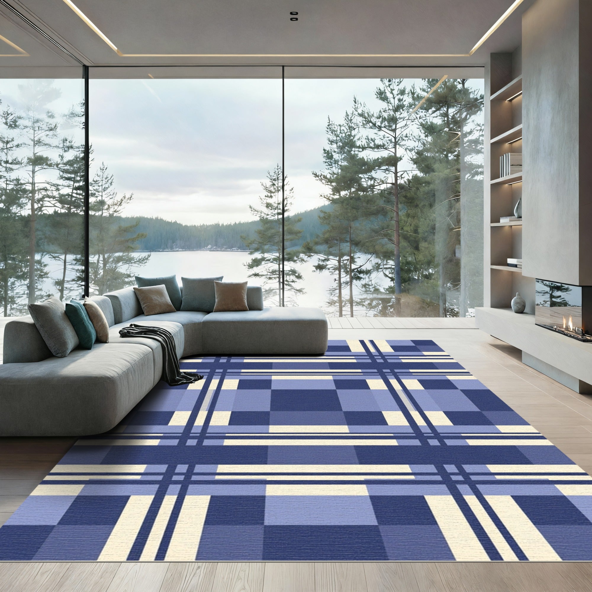 Modern Navy and Cream Plaid Geometric Rug