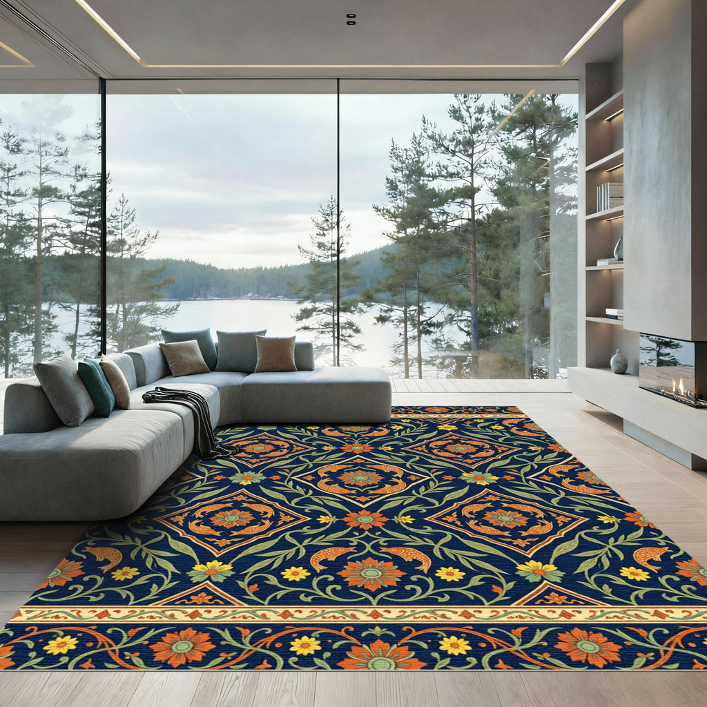 Navy Floral Lake Fish Medallion Rug