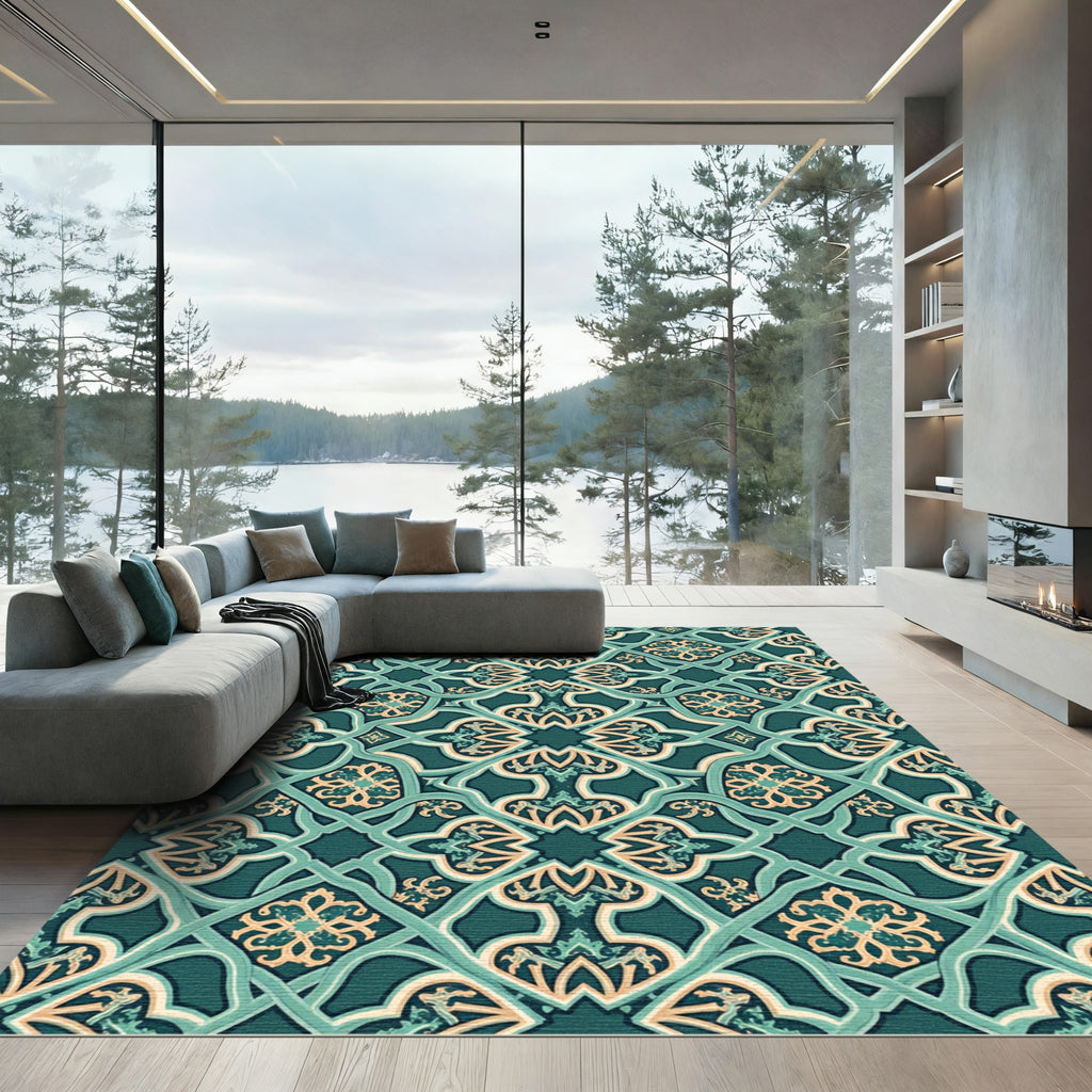 Teal Ornate Lattice Floral Damask Rug