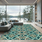 Teal Ornate Lattice Floral Damask Rug