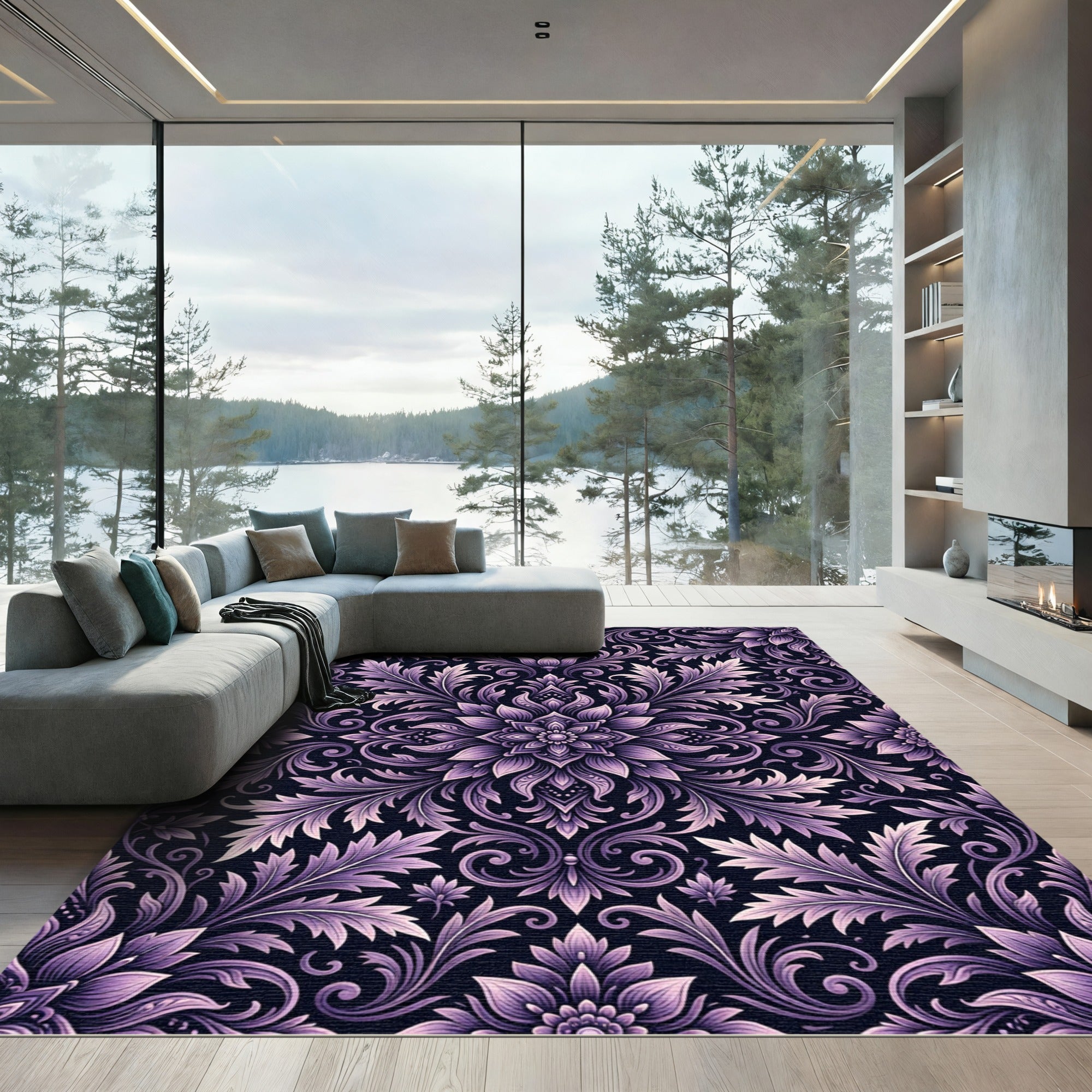 Ornate Lavender Floral Damask Swirls Rug