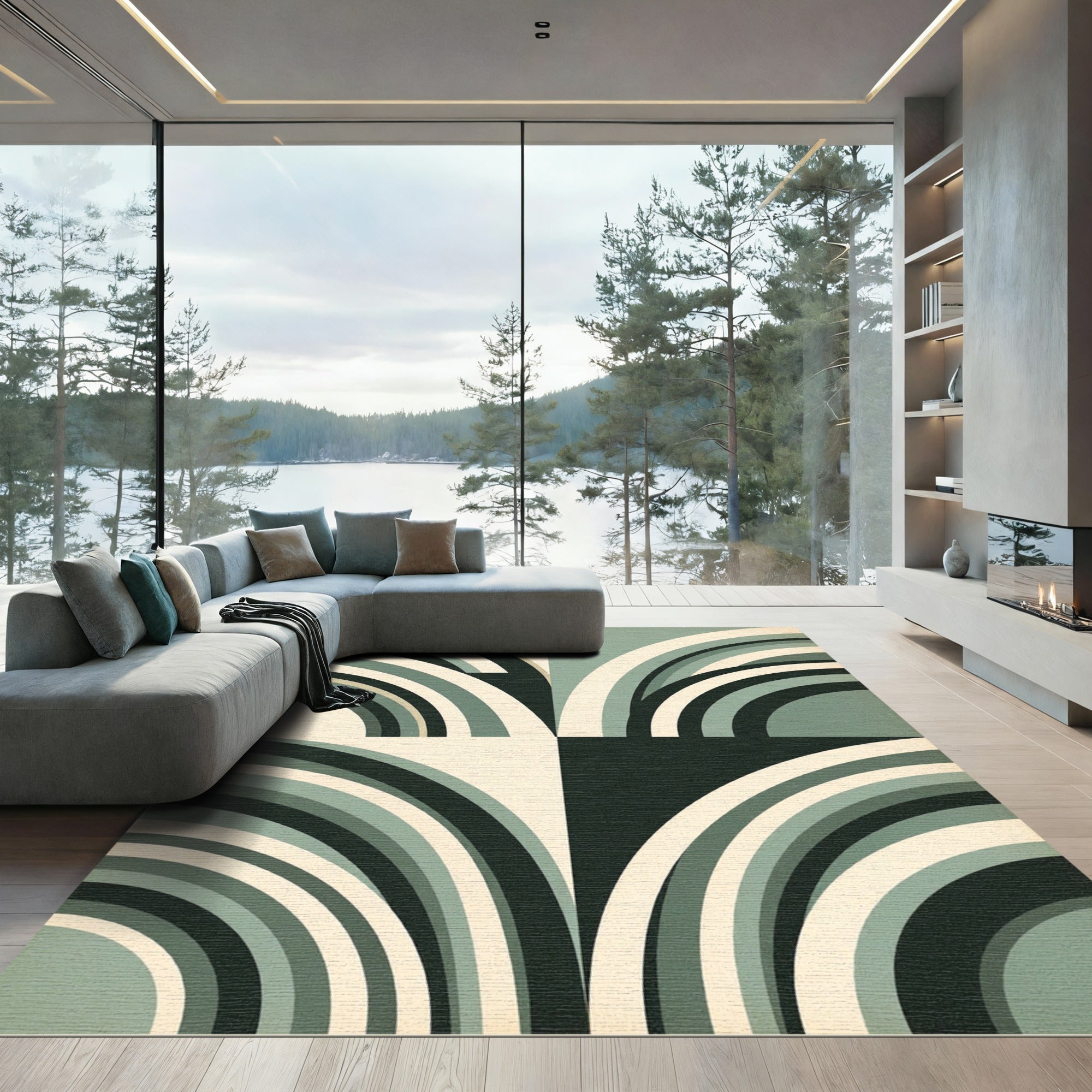 Modern Sage Green Arc Geometric Rug