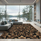 Elegant Gold Damask Black Scrollwork Rug