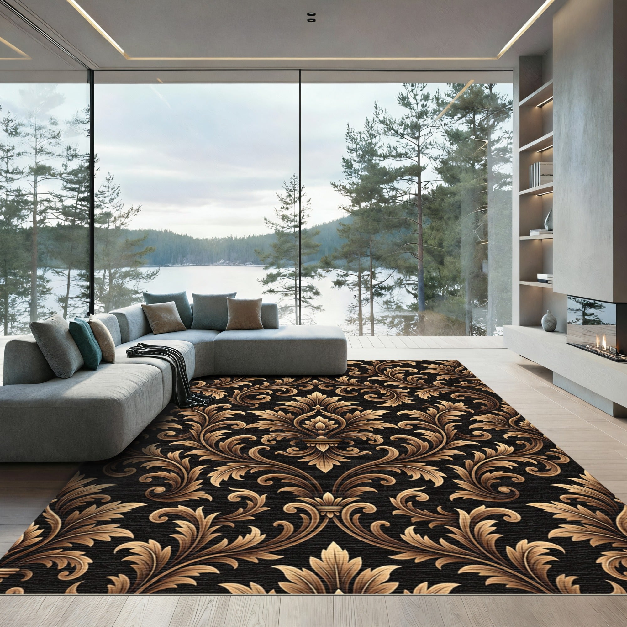 Elegant Gold Damask Black Scrollwork Rug