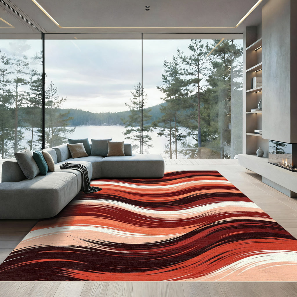 Crimson Cream Swirling Wavy Lines Rug