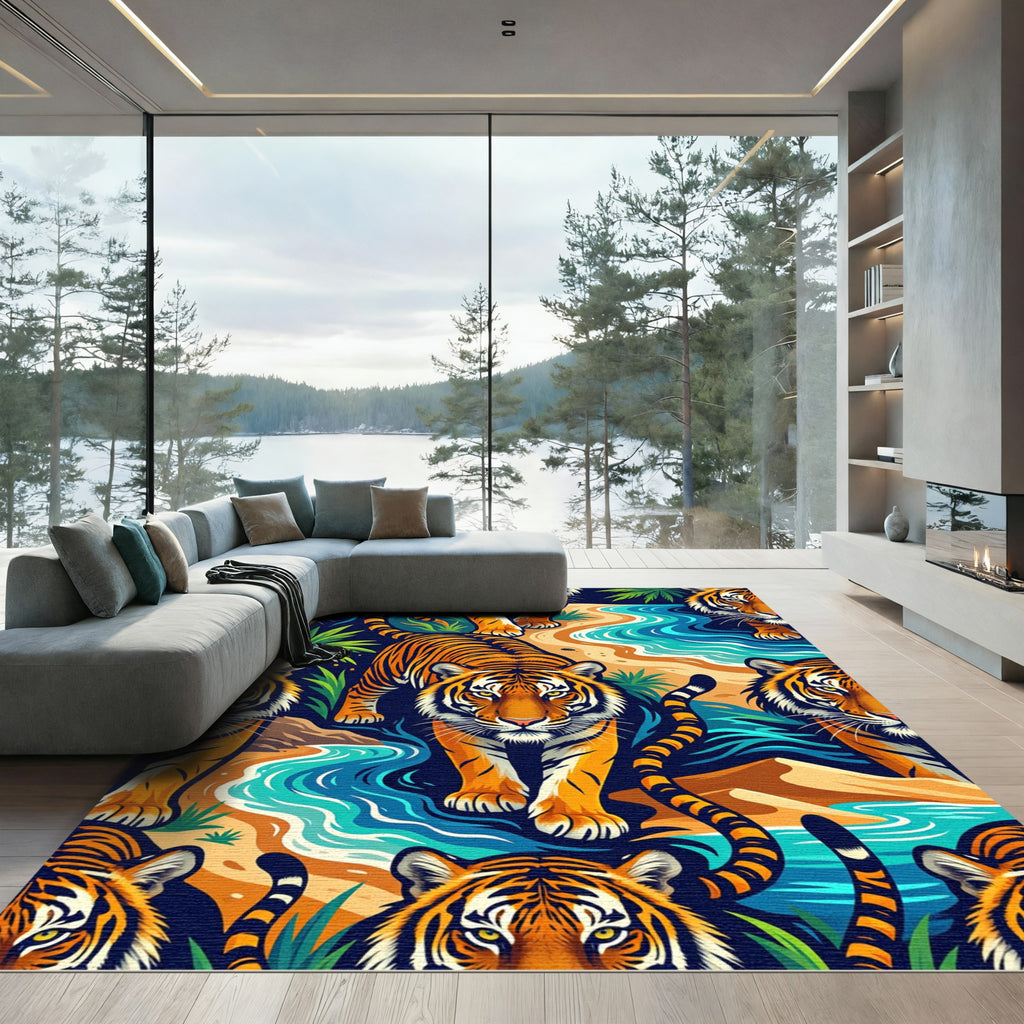 Vibrant Orange Tiger Tropical River Rug