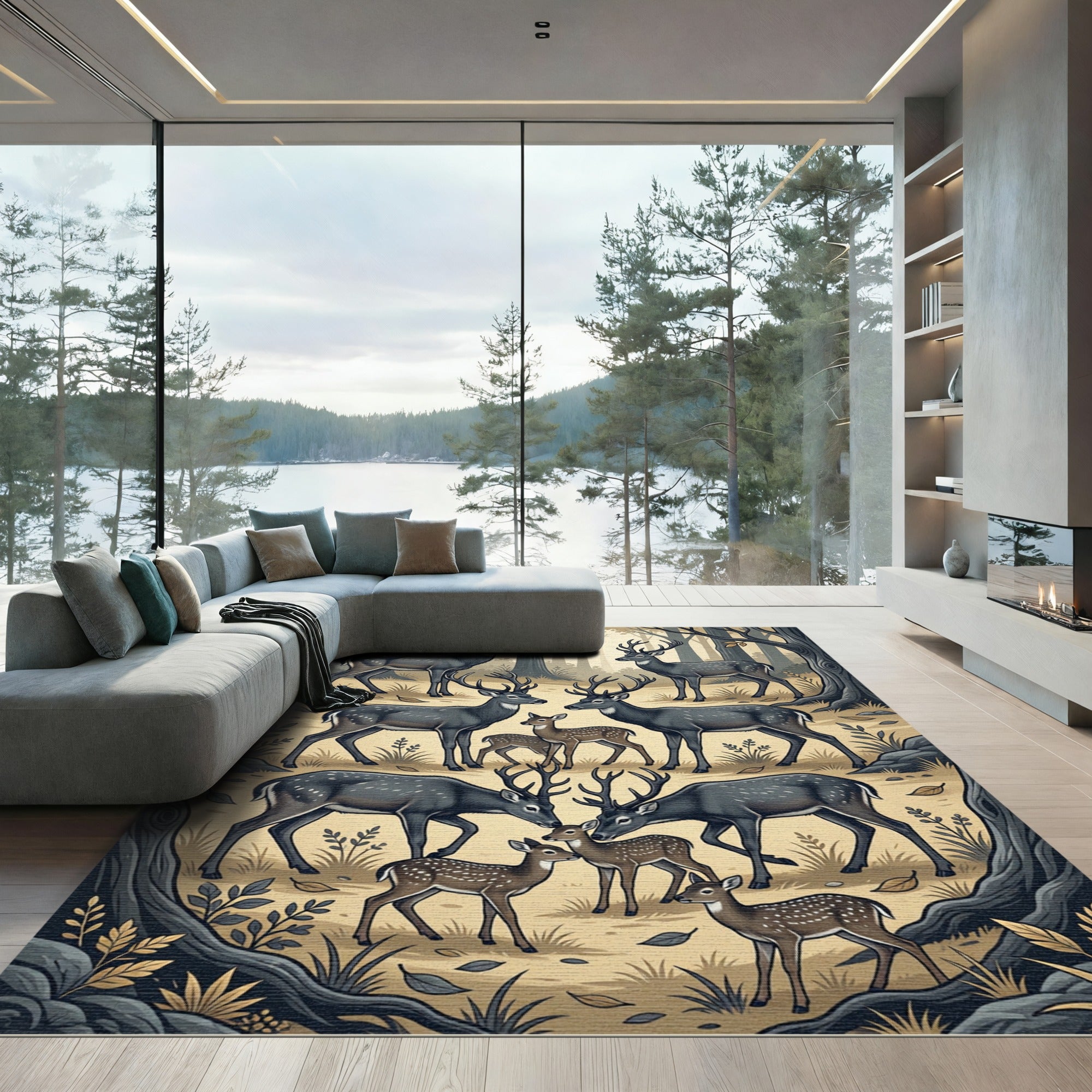 Enchanted Forest Deer Herd Illustration Rug