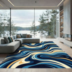 Deep Blue Golden Swirl Abstract Rug