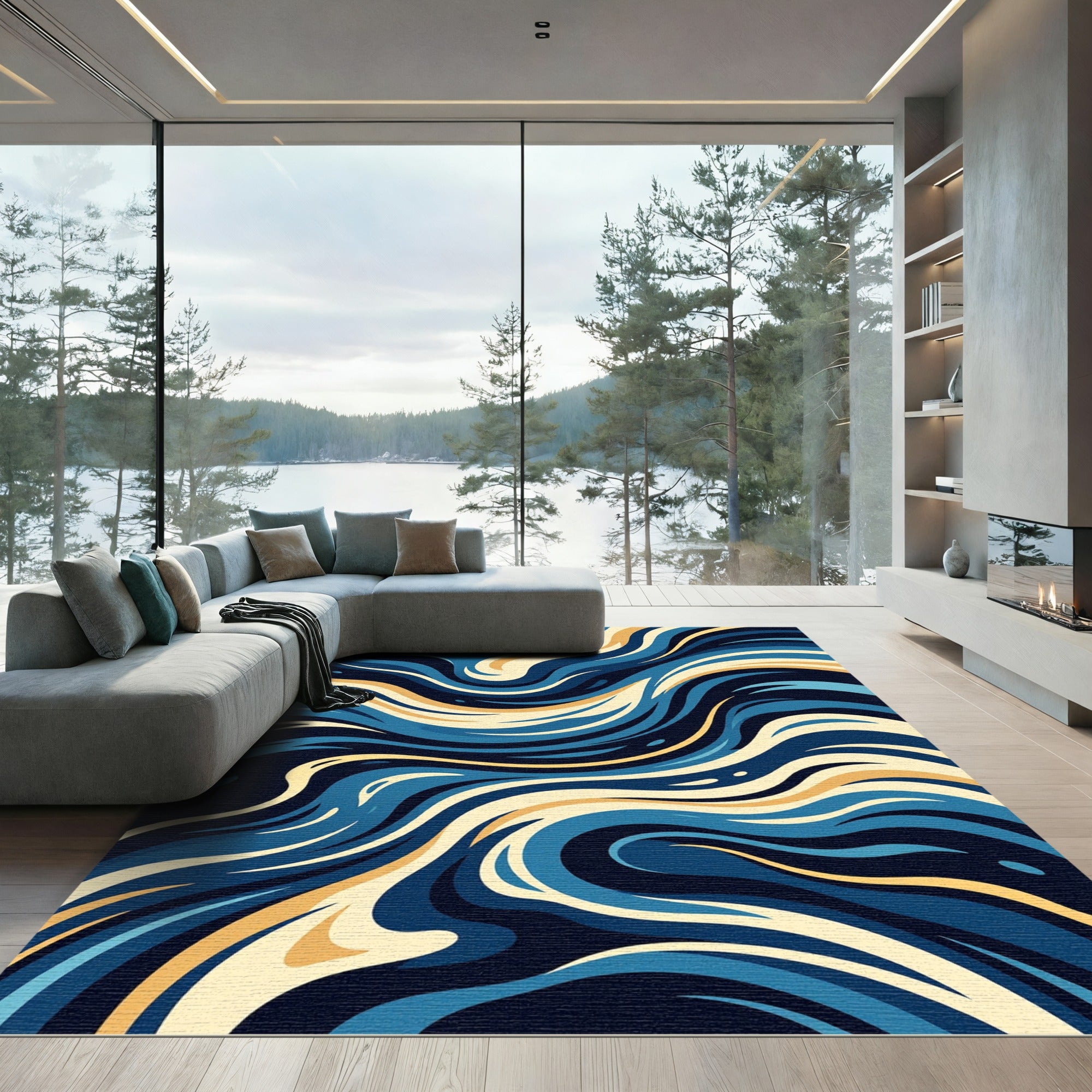 Deep Blue Golden Swirl Abstract Rug