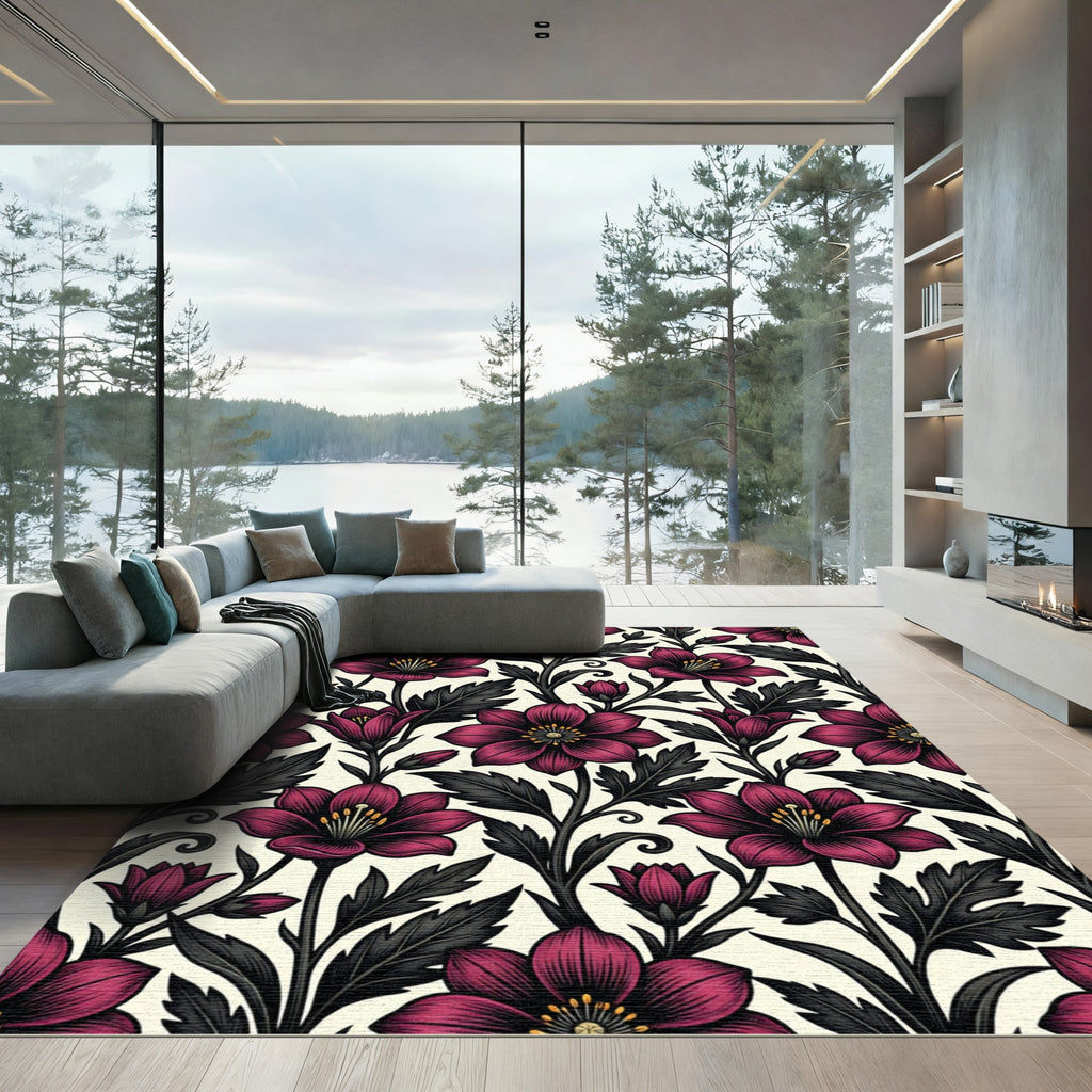 Dramatic Magenta Floral Botanical Scroll Rug