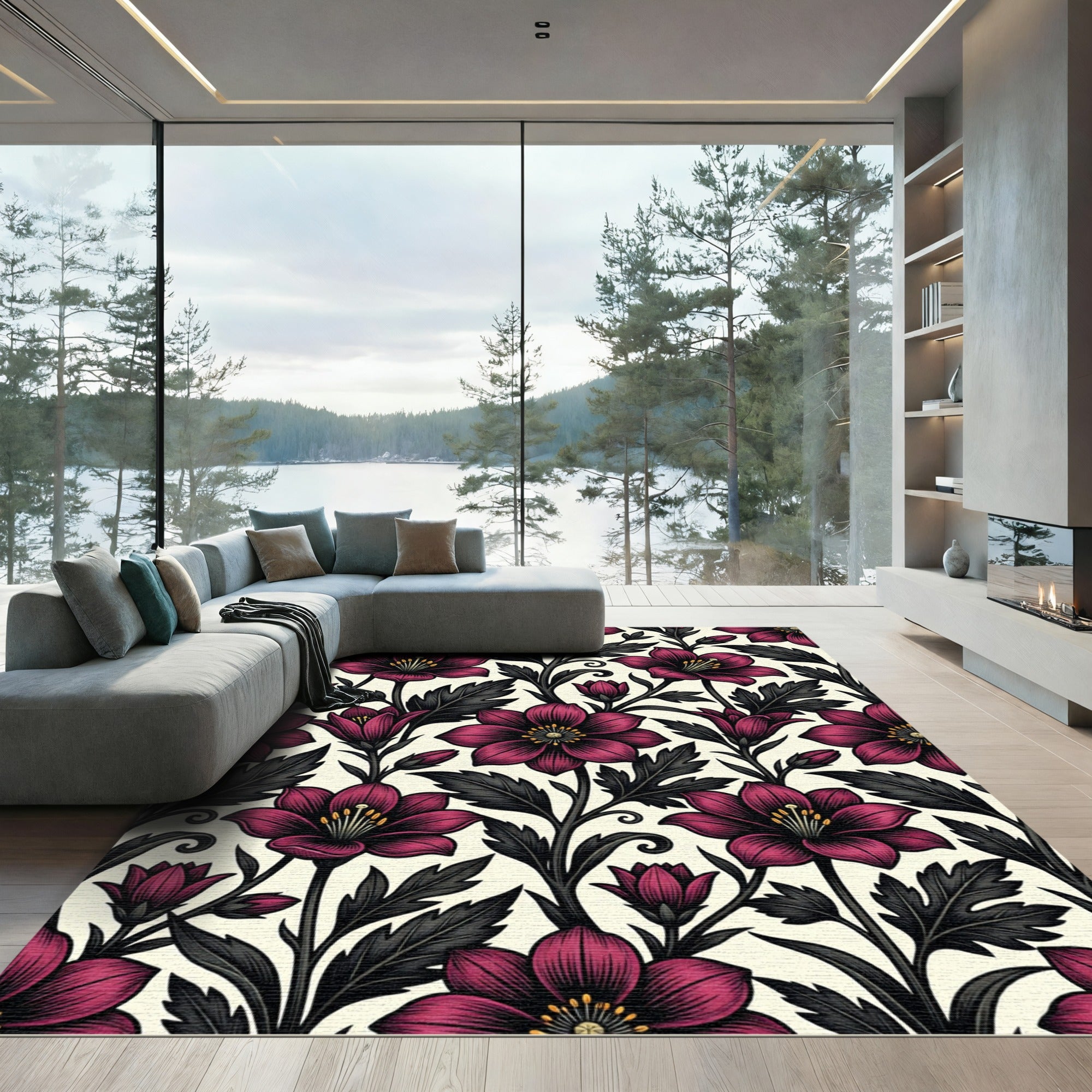Dramatic Magenta Floral Botanical Scroll Rug