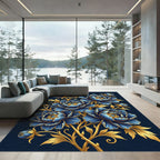 Elegant Golden Floral Indigo Peony Art Rug