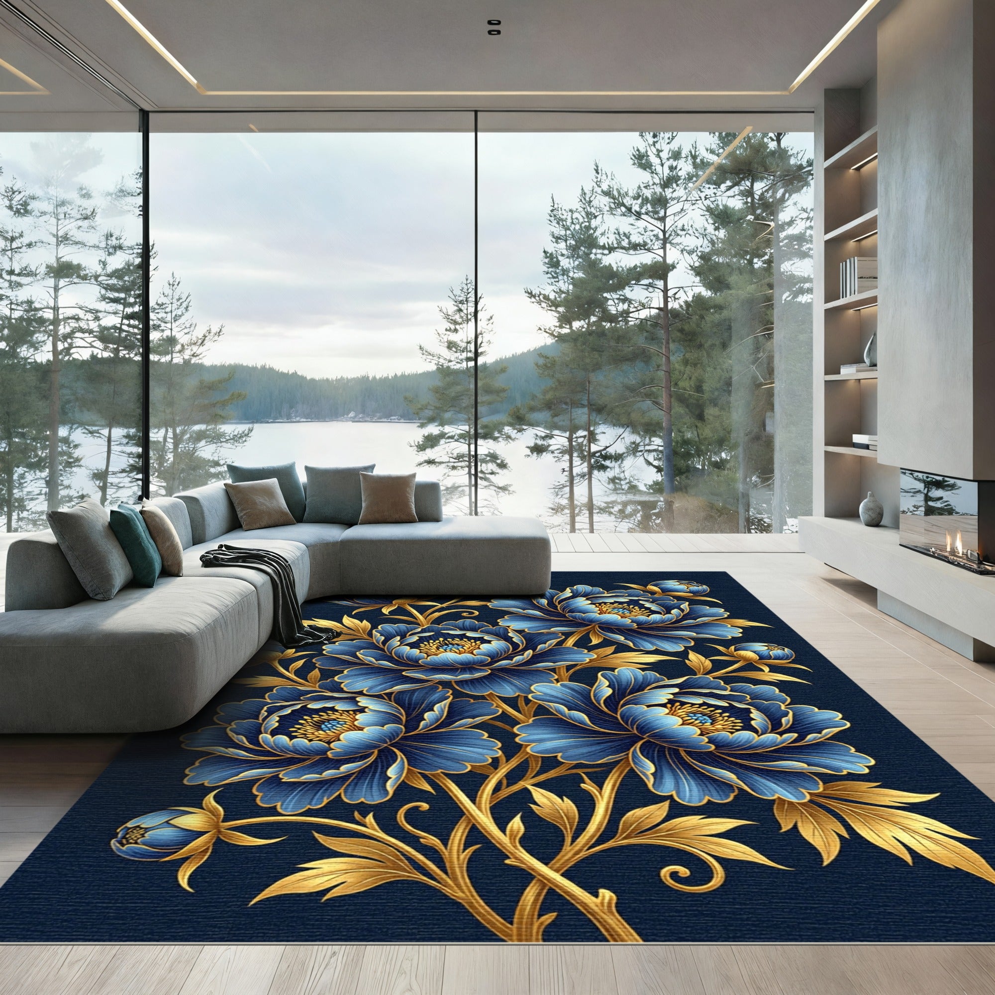 Elegant Golden Floral Indigo Peony Art Rug