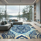 Blue Damask Floral Scroll Medallion Rug