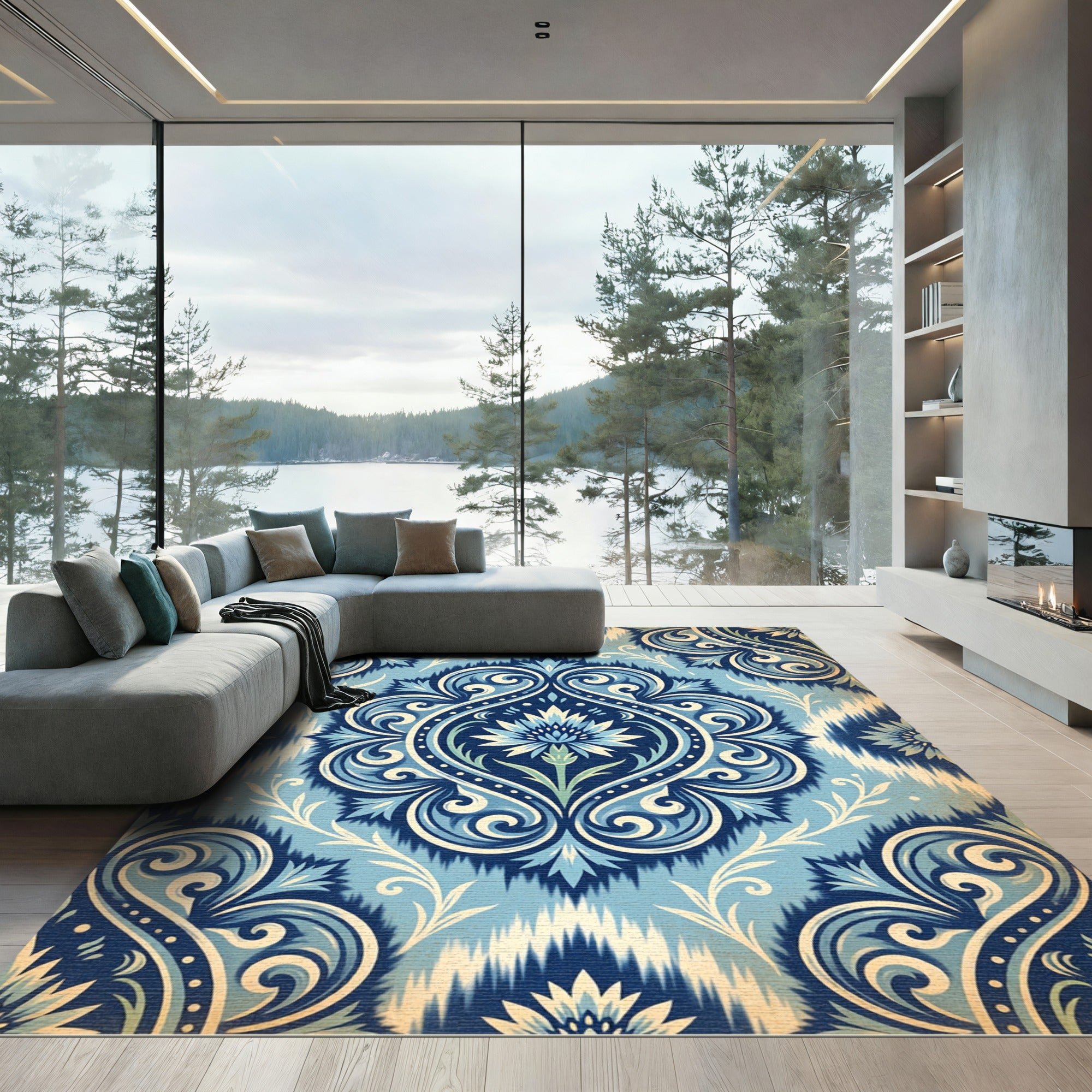 Blue Damask Floral Scroll Medallion Rug