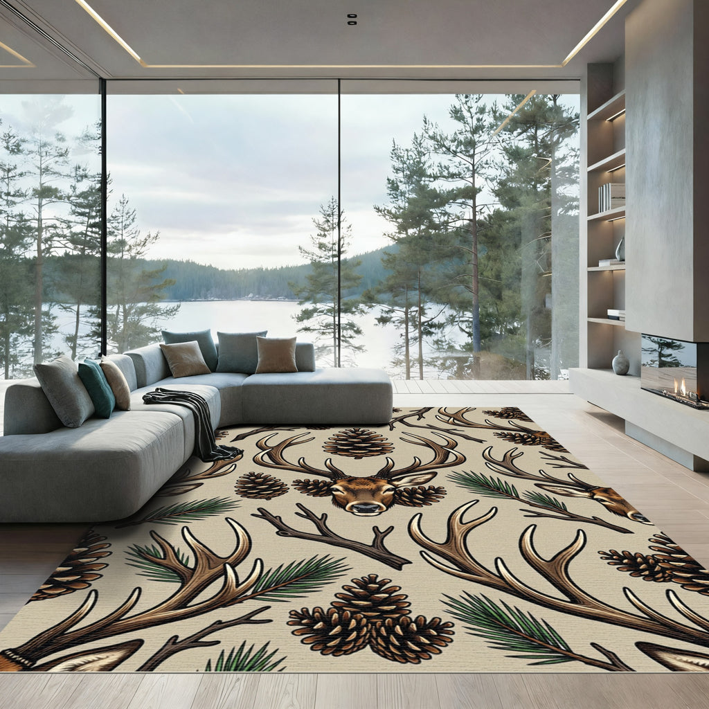 Rustic Woodland Deer Pinecone Earthy Rug