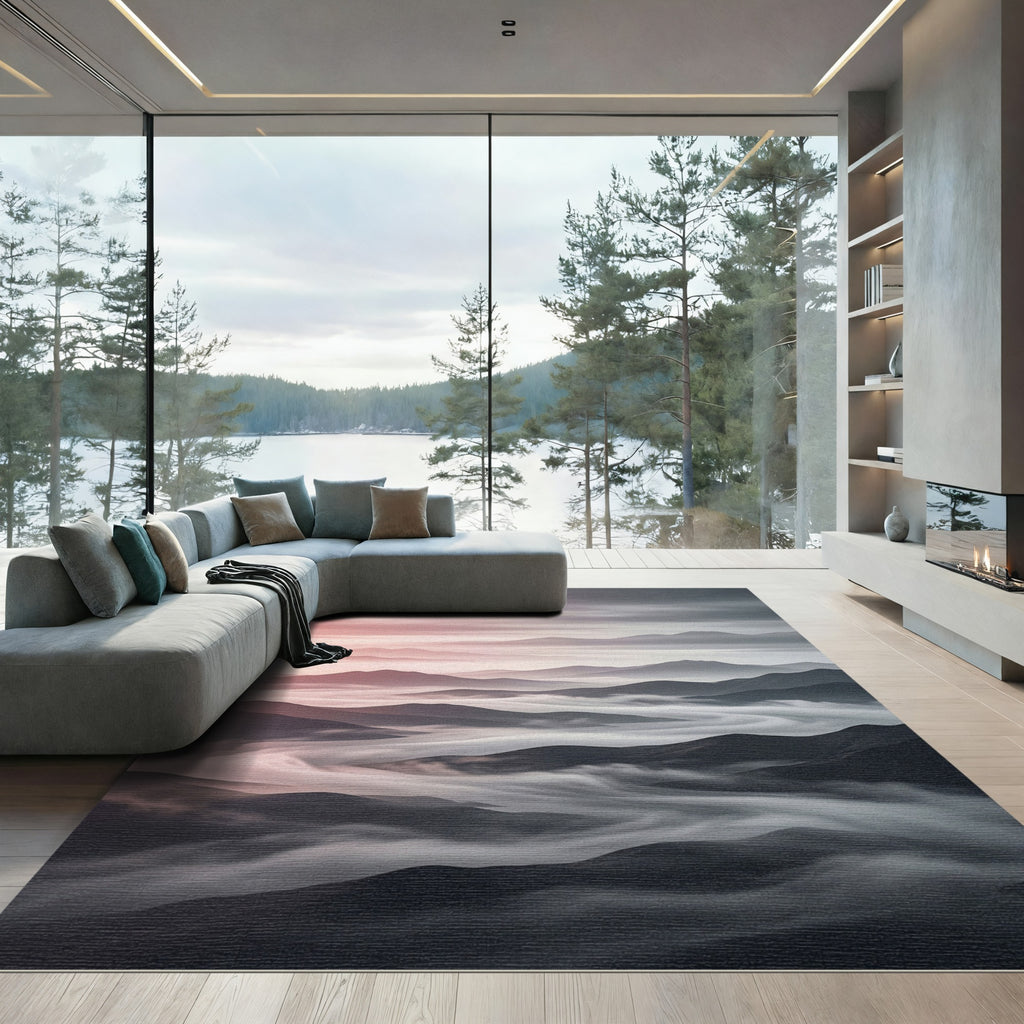 Misty Mountain Landscape with Soft Sunrise Hues Rug
