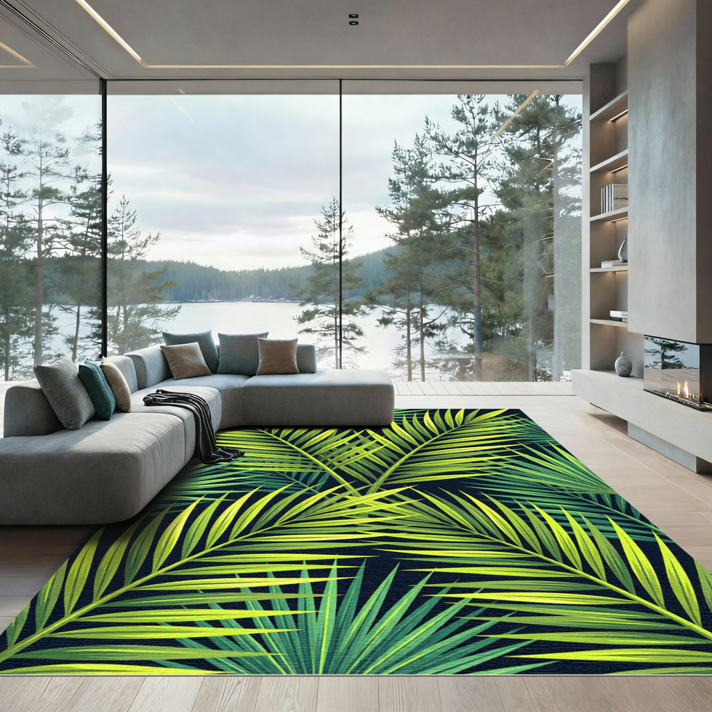 Vibrant Lime Green Palm Frond Jungle Rug
