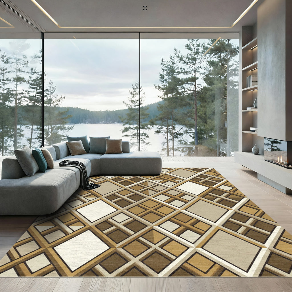 Geometric Golden Brown Argyle Diamonds Rug
