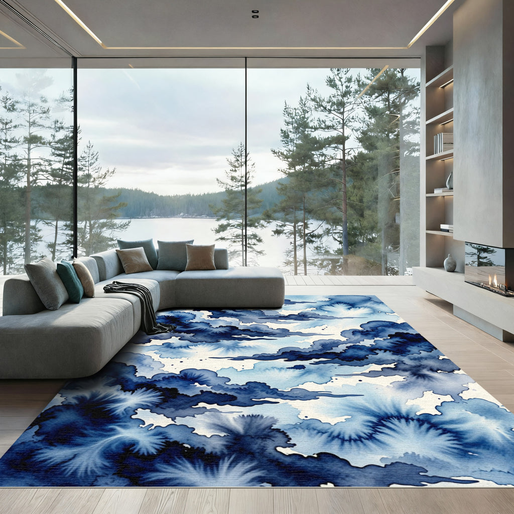 Deep Blue Watercolor Cloudscape Rug